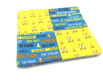 Construction Hot Pad: Big Mug Rug, Builder Gift, Orange Cones, Caution Signs