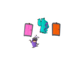4 Monsters Inc Buttons, Plastic Shank Buttons, Sully, Boo, Pink and Orange Doors, Cartoon