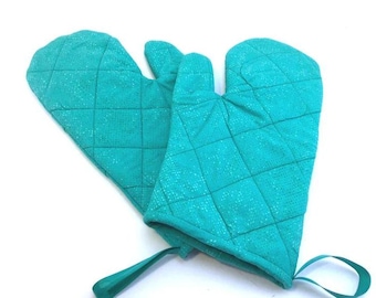 Teal Quilted Oven Mitts: Handmade Kitchen Hot Pads, Set of 2