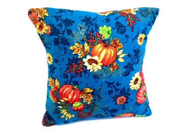 Handmade Fall Pillow: Teal Blue Autumn Decor, Metallic Accents
