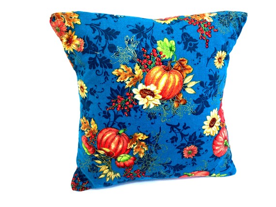 Handmade Fall Pillow: Teal Blue Autumn Decor, Metallic Accents