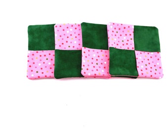 Four Polka Dot Fabric Coasters: Pink & Green Quilted Mug Rugs, Set of 4