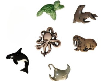 Dress It Up Buttons, Sea Creatures, Sea Turtle, Sea Lion, Octopus, Walrus, Killer Whale, Orca, Stingray, Manta Ray, Discontinued Buttons