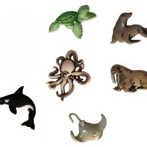 Dress It Up Buttons, Sea Creatures, Sea Turtle, Sea Lion, Octopus, Walrus, Killer Whale, Orca, Stingray, Manta Ray, Discontinued Buttons