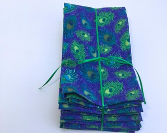 Eight Peacock Feather Napkins; Purple, Blue, Green; Set of 8; Cloth Napkins