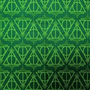 OOP Harry Potter Fabric, 3/4 YARD ONLY, Dark Green Cotton, Deathly Hallows Symbol, Boy Wizard