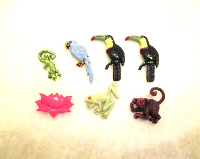 7 Rainforest Buttons, Plastic Shank Buttons, Toucans, Macaw, Monkey ...