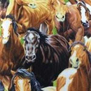 May include: A fabric print featuring a herd of horses in various shades of brown, chestnut, and white. The horses are depicted in motion with detailed manes and facial markings, including white blazes and stars, set against a dark background.