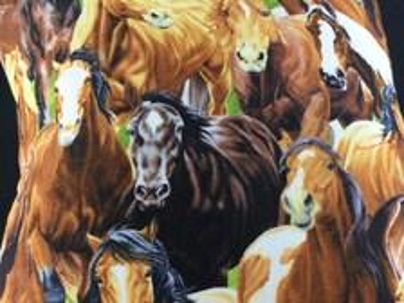 May include: A fabric print featuring a herd of horses in various shades of brown, chestnut, and white. The horses are depicted in motion with detailed manes and facial markings, including white blazes and stars, set against a dark background.