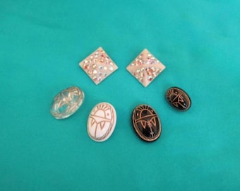 6 Vintage Plastic Shank Buttons, Ancient Egypt, Antique Scarab Beetles, Rhinestone Pyramids, King Tut
