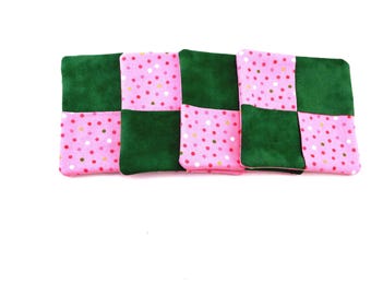 Four Polka Dot Fabric Coasters: Pink & Green Mug Rugs, Set of 4