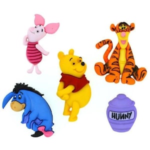 5 Winnie the Pooh Plastic Shank Buttons: Tigger, Eeyore, Piglet, Honey Pot