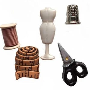 Sewing Theme Plastic Shank Buttons: Dressmaker, Scissors, Thimble (Set of 5)