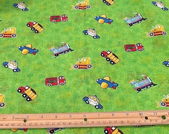 Vintage Transportation Cotton Fabric, 3/4 Yard Only, Airplanes, Trains, Trucks, Police Cars, Bulldozers, Fire Engines