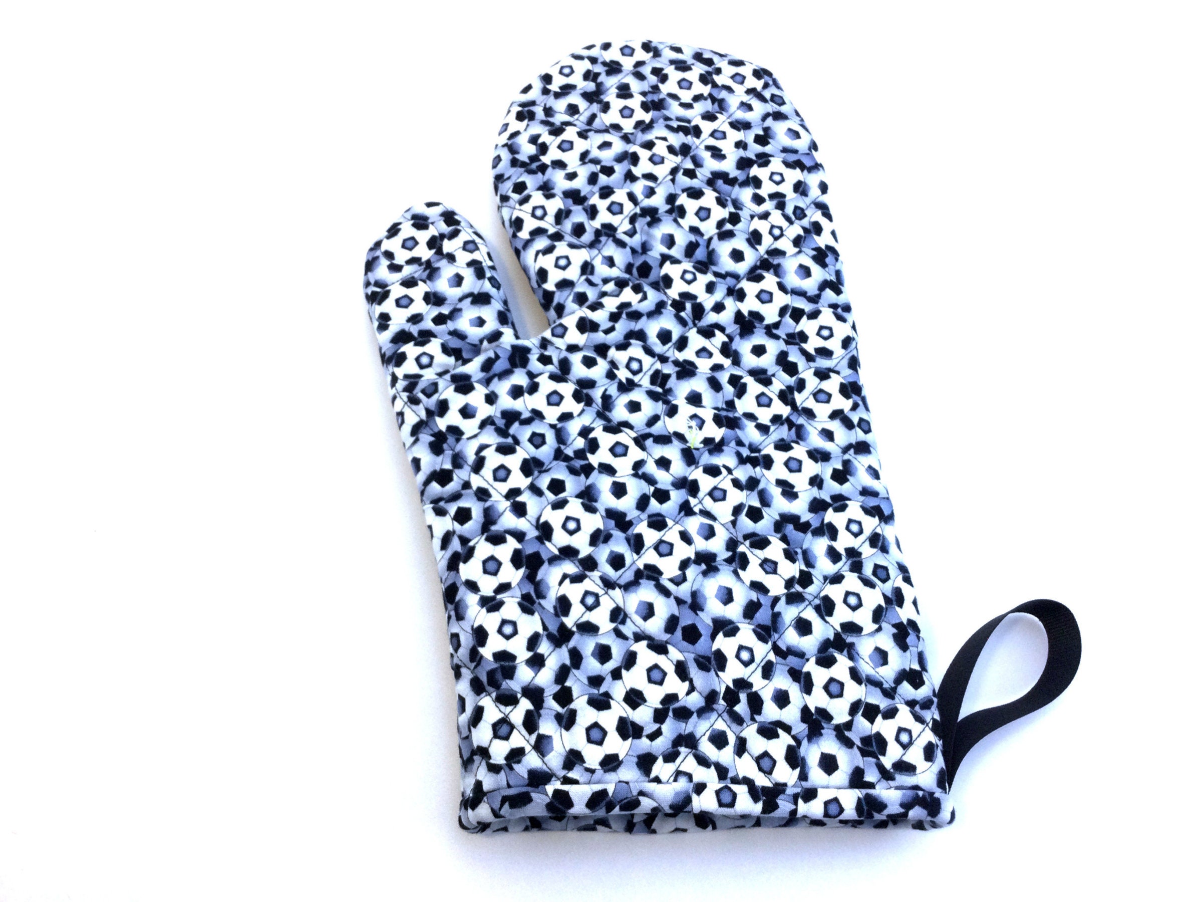 Handmade Quilted Oven Mitt: Black & White Soccer Ball Print