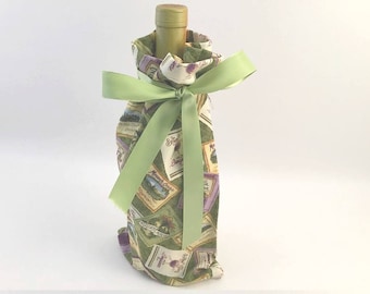 Handmade Wine Gift Bag: Vintage Wine Labels, Green Satin Ribbon