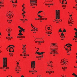 May include: A red background with black icons and text representing famous scientists and their discoveries. The icons include a light bulb, a telephone, a DNA strand, a telescope, a pea pod, a computer chip, a lizard, a compass, a radiation symbol, a radio tower, and an atom. The text includes names like Edison, Bell, Franklin, Darwin, Curie, Tesla, and Bohr.