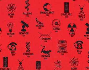 Red Science Fair Cotton Fabric: Scientists, Inventors, Math (One Yard)