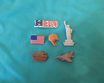6 Military Buttons, Plastic Shank Buttons, Patriots, Jets, Hero, Flag, Tank, Helmet, Lady Liberty