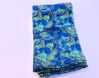 Ten Blue and Green Floral Napkins; Linen Napkins; Set of 10