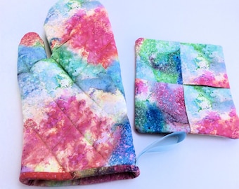 Handmade Quilted Rainbow Oven Mitt and Potholder, Floral, Quilted, Kitchen
