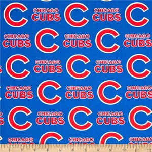 May include: A blue fabric with a repeating pattern of red "C" logos and the text "Chicago Cubs".