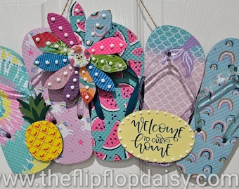 Welcome to Our Home Flip Flop Row Wreath Beach Door Decor Patio Wall Hanging Pool