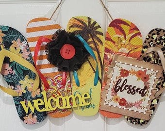 Welcome Flip Flop Row Wreath Beach Door Decor Florida Patio Wall Hanging Scarecrow