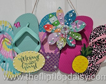 Welcome to Our Home Flip Flop Row Wreath Beach Door Decor Patio Wall Hanging Pool