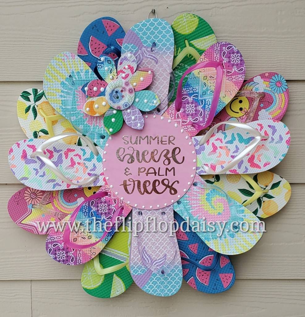 Summer Breeze Palm Trees Flip Flop Wreath Door Wall Decor Unique Gift Beach Ocean Tropical Foil Lettering Etsy Canada