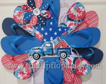 Patriotic Blue Truck with Flag Flip Flop Wreath Door Wall Decor Unique Gift Beach Ocean Indoor Outdoor  Florida July 4th