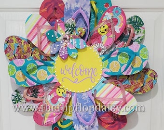 Welcome Flip Flop Wreath Tropical Door Decor Coastal Glitter Florida