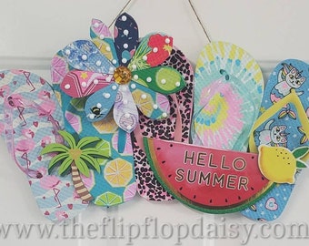 Hello Summer Flip Flop Row Wreath Beachy Watermelon Tropical Door Decor