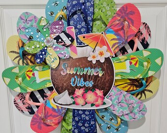 Summer Vibes Flip Flop Wreath Front Door Unique Gift Beach Ocean Indoor Outdoor  Florida Pool