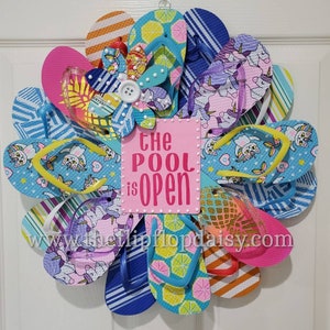 The Pool is Open Flip Flop Wreath Door Wall Decor Unique Gift Ocean Coastal image 1