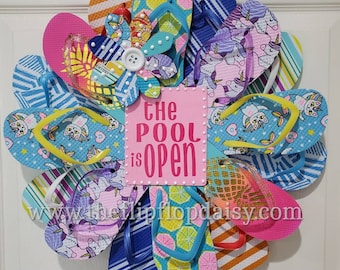 The Pool is Open Flip Flop Wreath Door Wall Decor Unique Gift Ocean Coastal