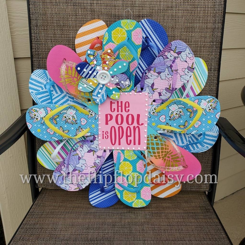 The Pool is Open Flip Flop Wreath Door Wall Decor Unique Gift Ocean Coastal image 2