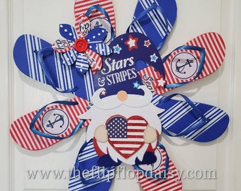 Cute Patriotic Stars & Stripes Gnome Flip Flop Wreath Red White Blue Beach Decor Memorial Day