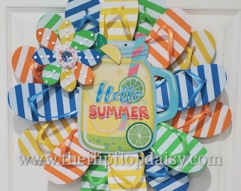 Hello Summer Flip Flop Wreath Tropical Door Decor  Florida Bright Stripes Beach