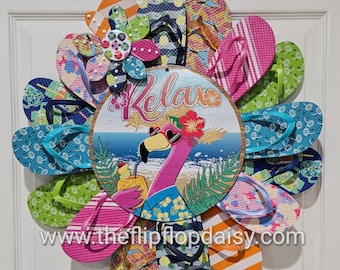 Relax Flamingo Flip Flop Wreath Door Wall Decor Unique Gift Beach Ocean Indoor Outdoor  Florida Coastal