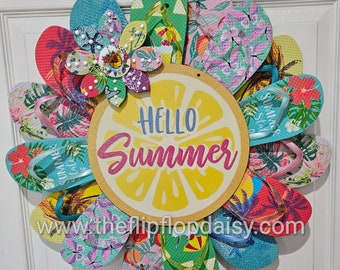 Hello Summer Flip Flop Wreath Door Wall Decor Unique Gift Beach Ocean Coastal Florida