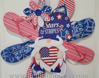 Patriotic Stars & Stripes Gnome Flip Flop Wreath Red White Blue Beach Decor