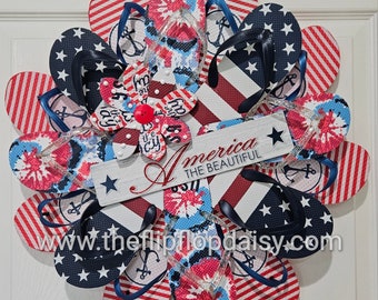 America the Beautiful Flip Flop Wreath Tropical Door Decor USA Patriotic