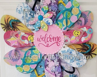 Beautiful Welcome Flip Flop Wreath Tropical Door Decor Coastal Glitter Florida