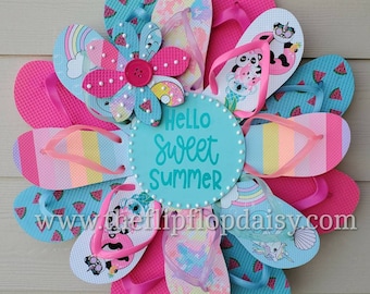 Hello Sweet Summer Flip Flop Wreath Door Wall Decor Unique Gift Beach Ocean Coastal Pink