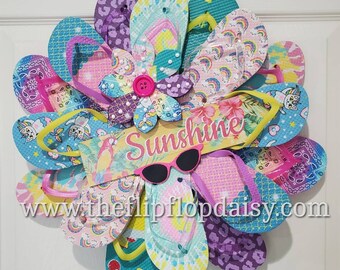 Sunshine Flip Flop Wreath Tropical Door Decor Coastal Sunglasses and Glitter