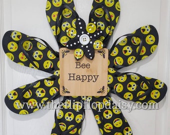 Bee Happy Flip Flop Wreath Tropical Door Decor Beach Smiley Faces