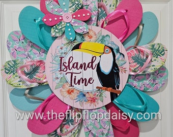 Island Time Flip Flop Wreath Door Wall Decor Unique Gift Beach Ocean Indoor Outdoor  Florida Toucan