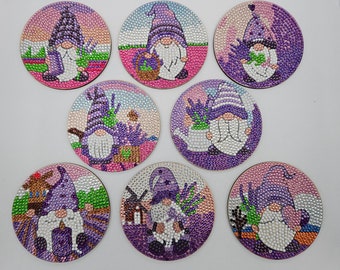 Purple Gnome Coasters Sealed Diamond Painting 8 Pc. Set