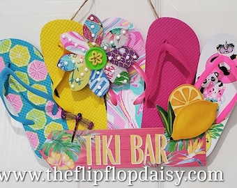 Tiki Bar Flip Flop Row Wreath Pineapple Tropical Beach Florida Fruit